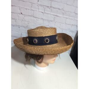 VTG LUXURY Eric Javits Tan Straw Hat with Black Band - small head only